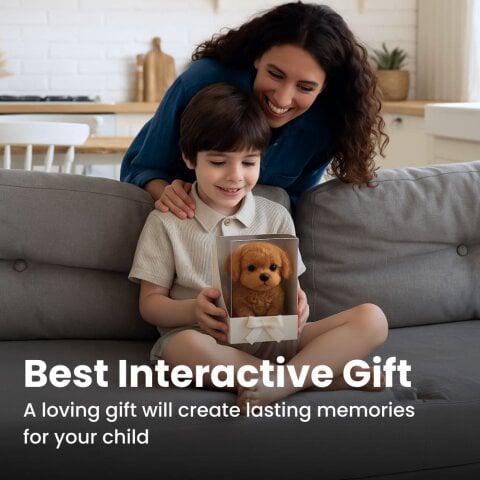 A child bonding with the Wuffy Robot Puppy at home